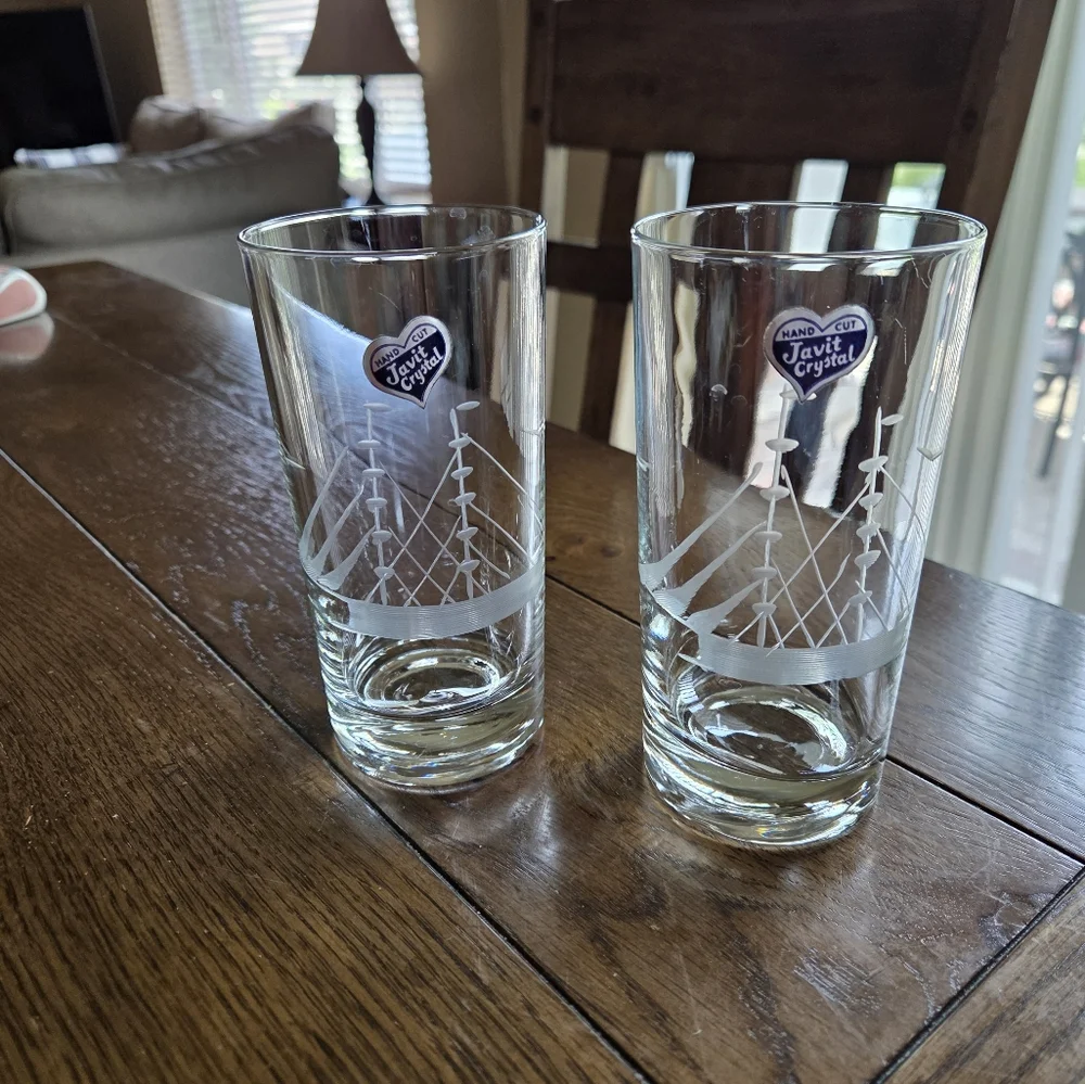 Mid Century Sailboat Highball Glasses Javit Handcut Crystal Original Sticker